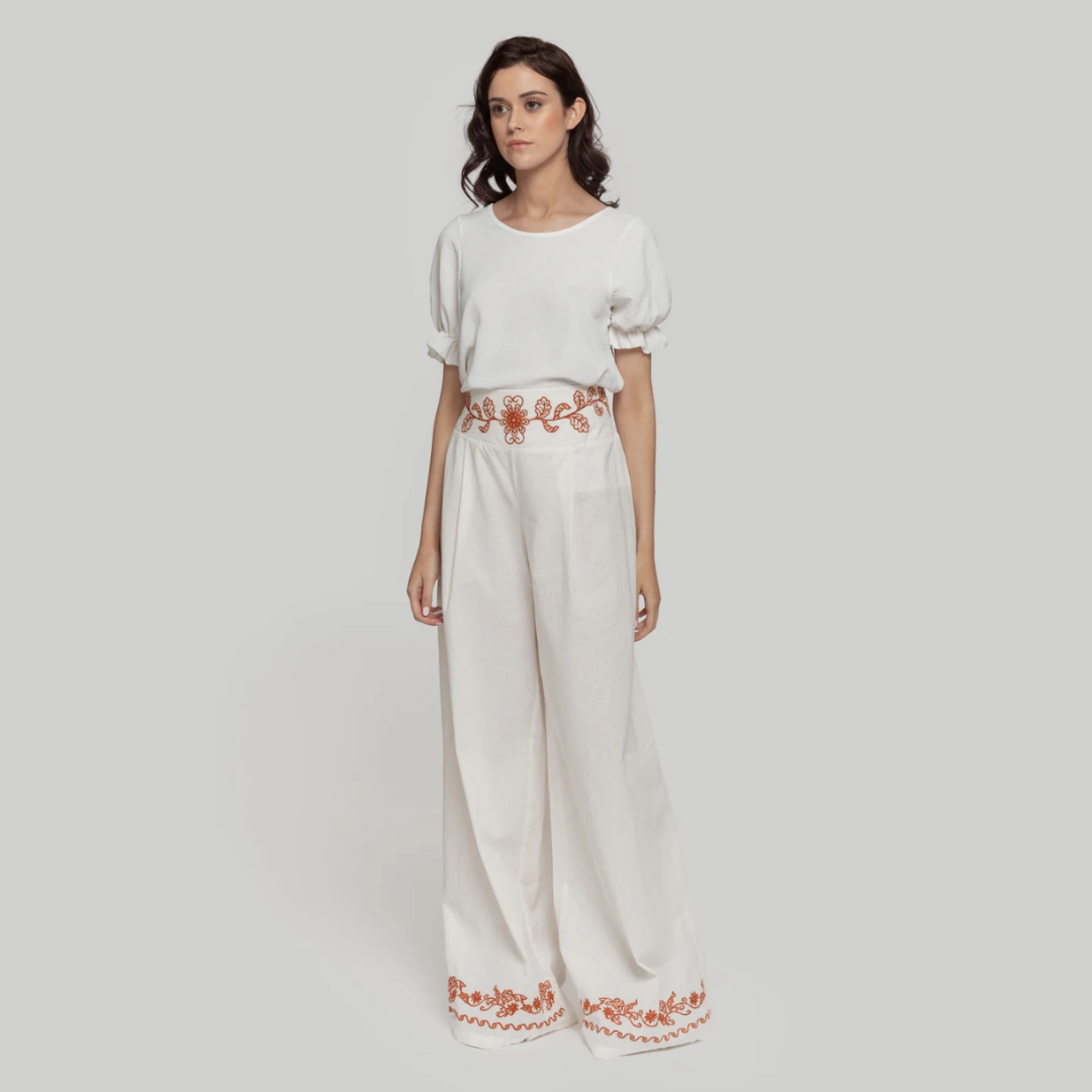 Pantalon large brodé en coton