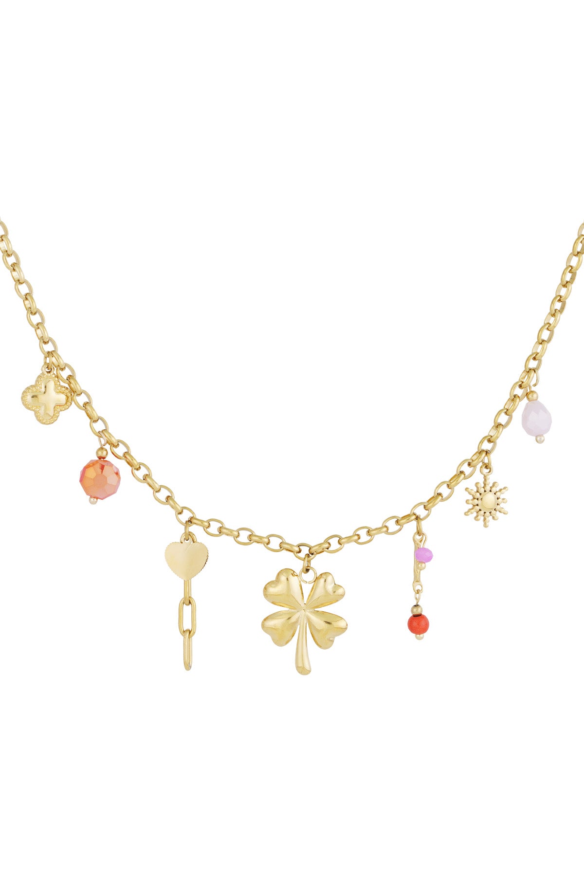 Collier breloques porte-bonheur acier inoxydable doré 7 charms fond blanc