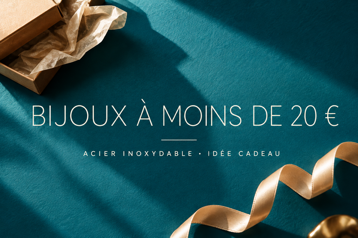 Bijoux en acier inoxydable à moins de 20 euros idée cadeau sur fond turquoise
