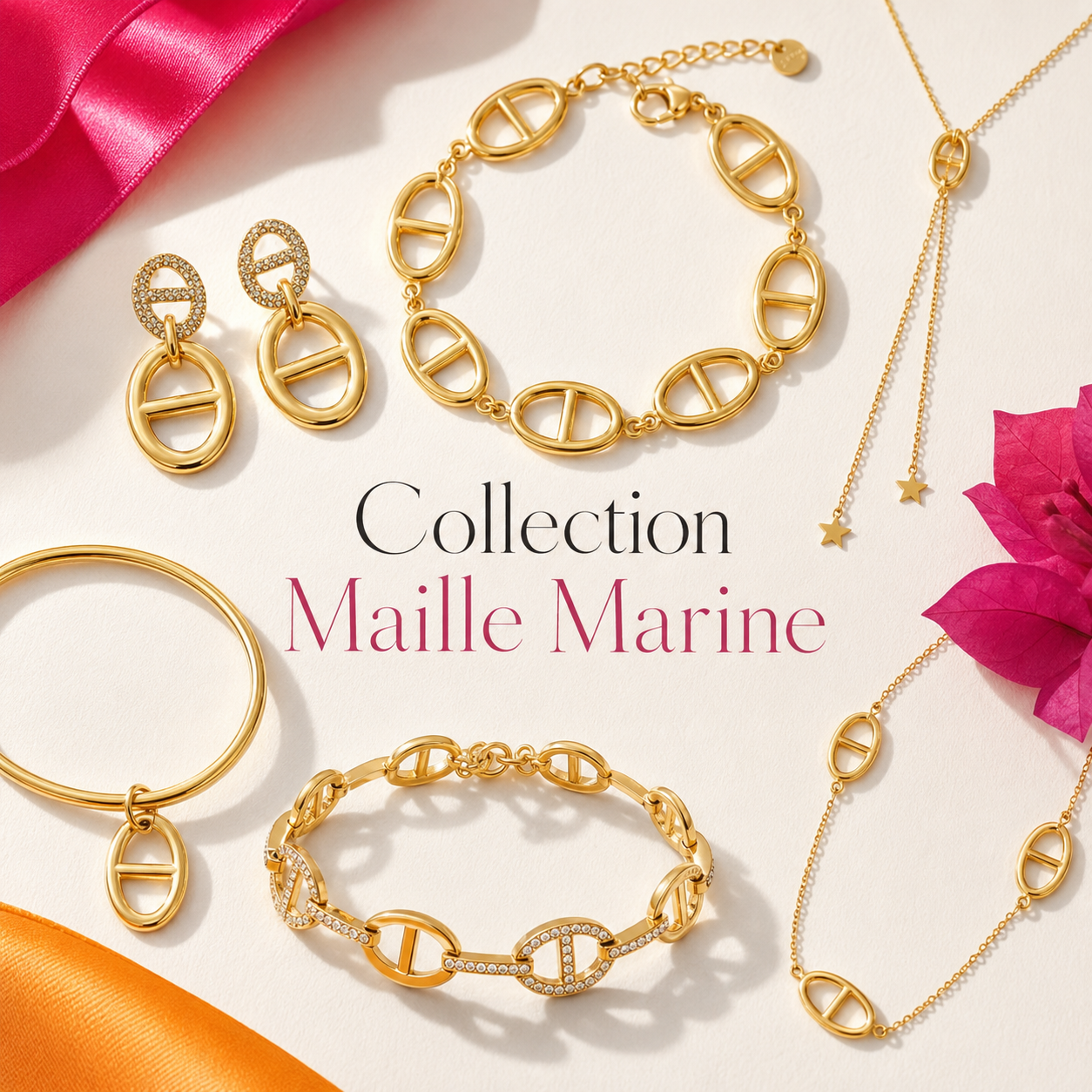 Collection Maille Marine avec bijoux femme dorés en acier inoxydable, bracelets, colliers et boucles d’oreilles au motif maillon ovale.
