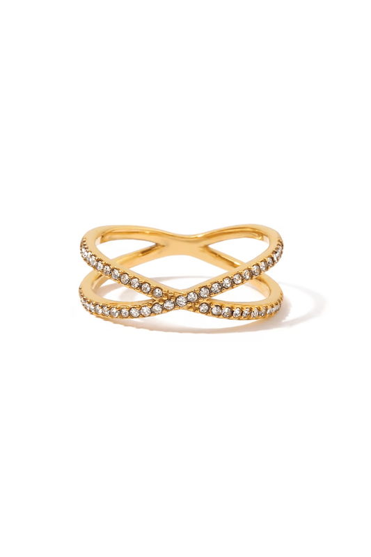 Bague Croisée Dorée en Acier Inoxydable et Zircon