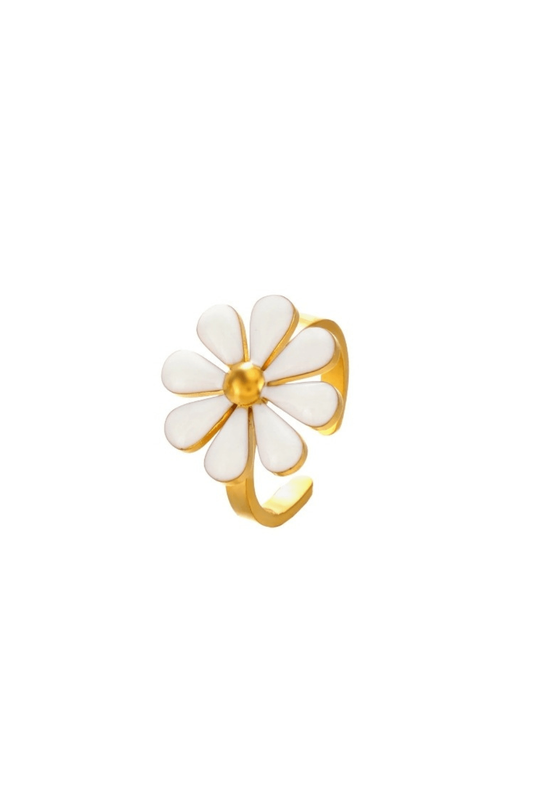 Bague Fleur Marguerite Blanche en Acier Inoxydable
