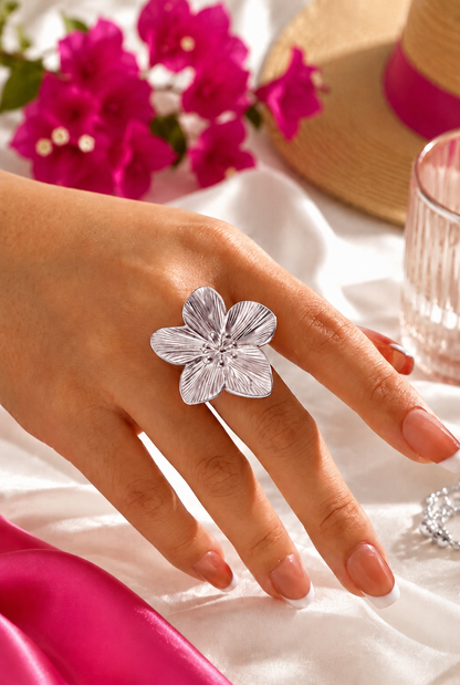 Bague Fleur Acier Inoxydable Ajustable Femme argent