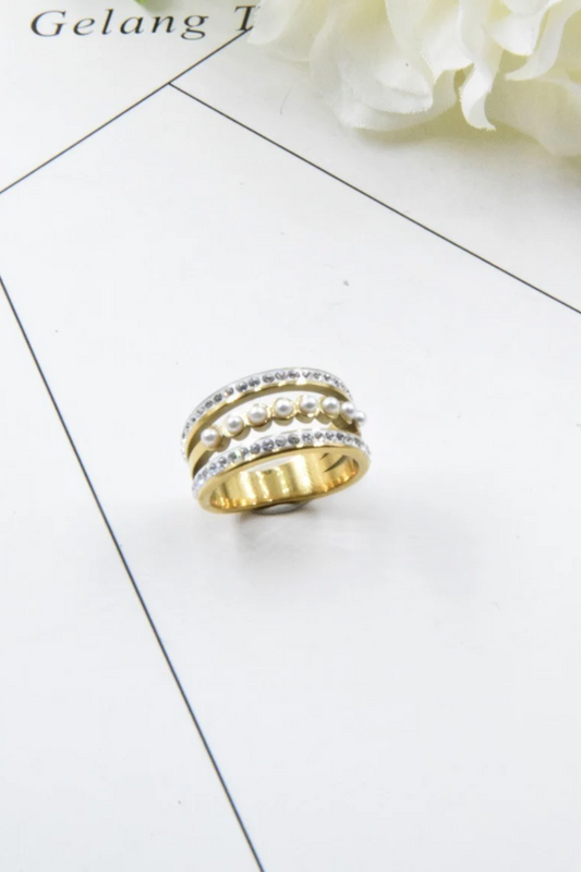 Bague en acier inoxydable doré strass et perles