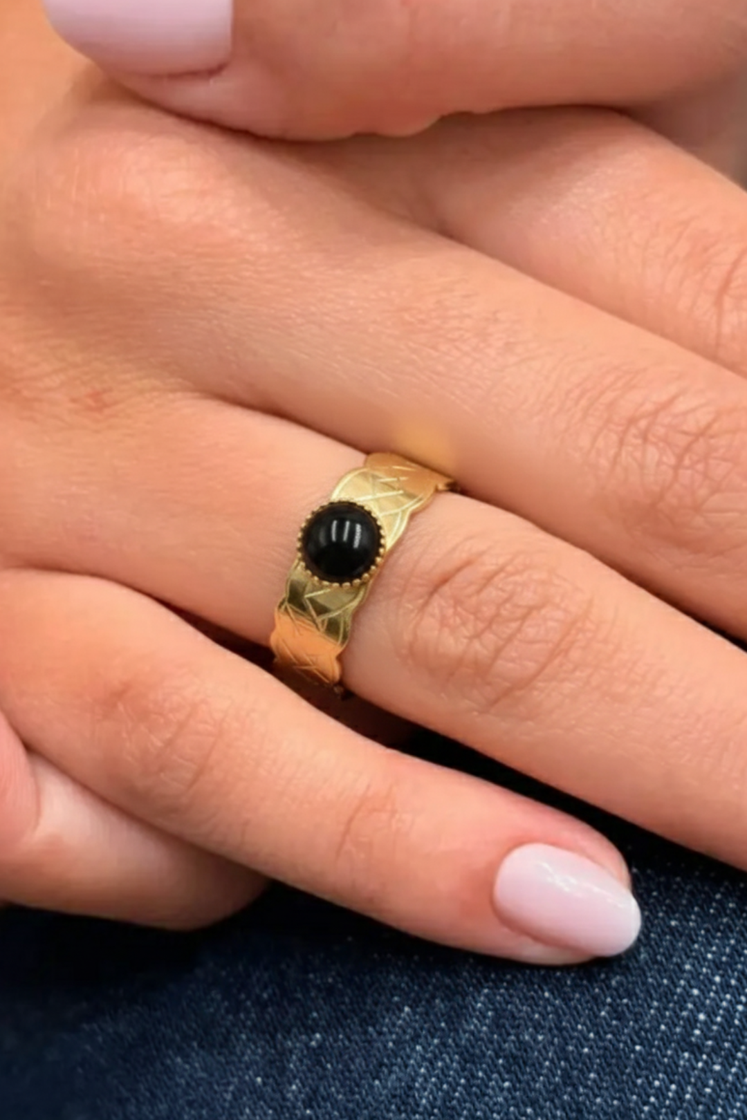 Bague en acier inoxydable ajustable doré Noire