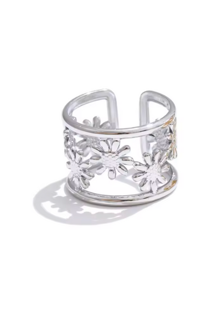 Bague fleur large en acier inoxydable
