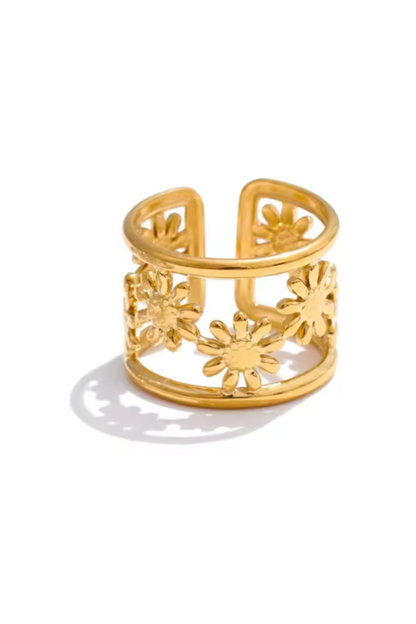 Bague fleur dorée large en acier inoxydable