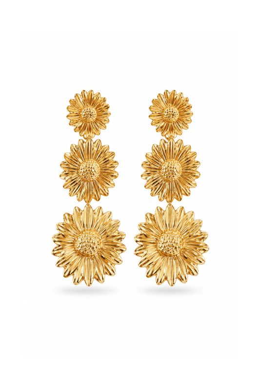 Boucles d'Oreilles Fleurs Pendantes Dorées en Acier Inoxydable