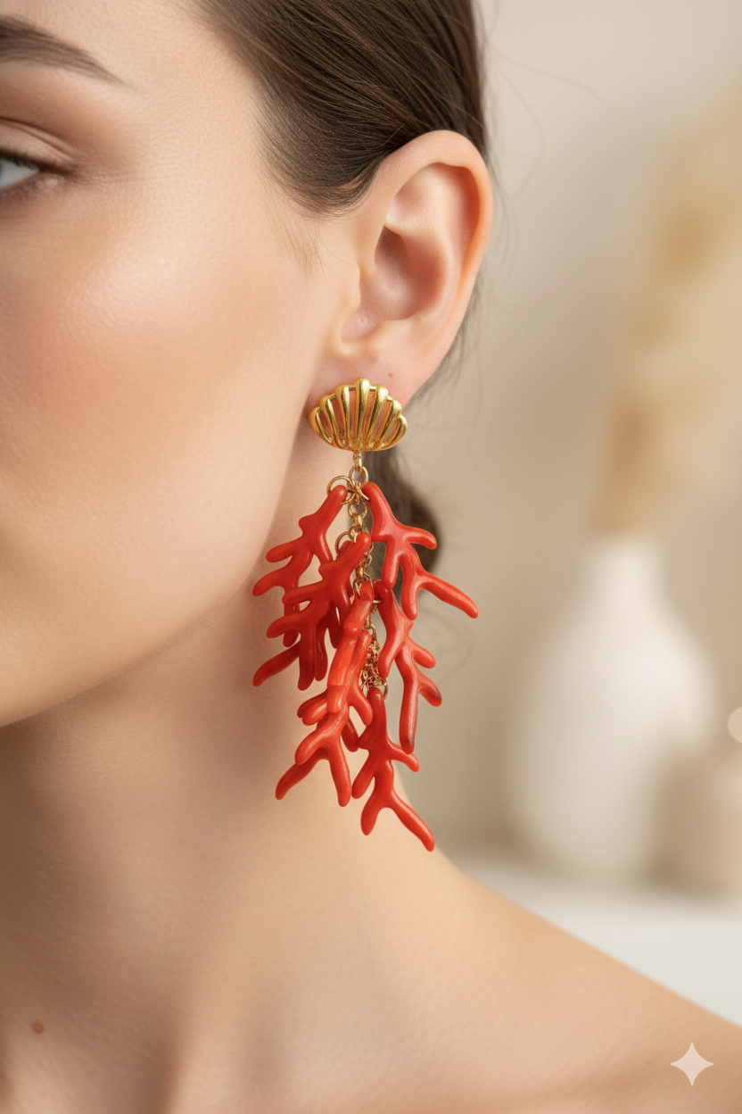 Boucles d’oreilles corail pendantes en acier inoxydable