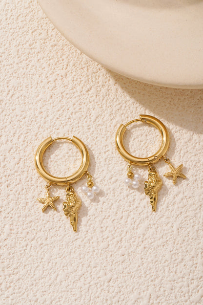 Boucles d’oreilles Coquillage, étoile de mer et perles en acier inoxydable