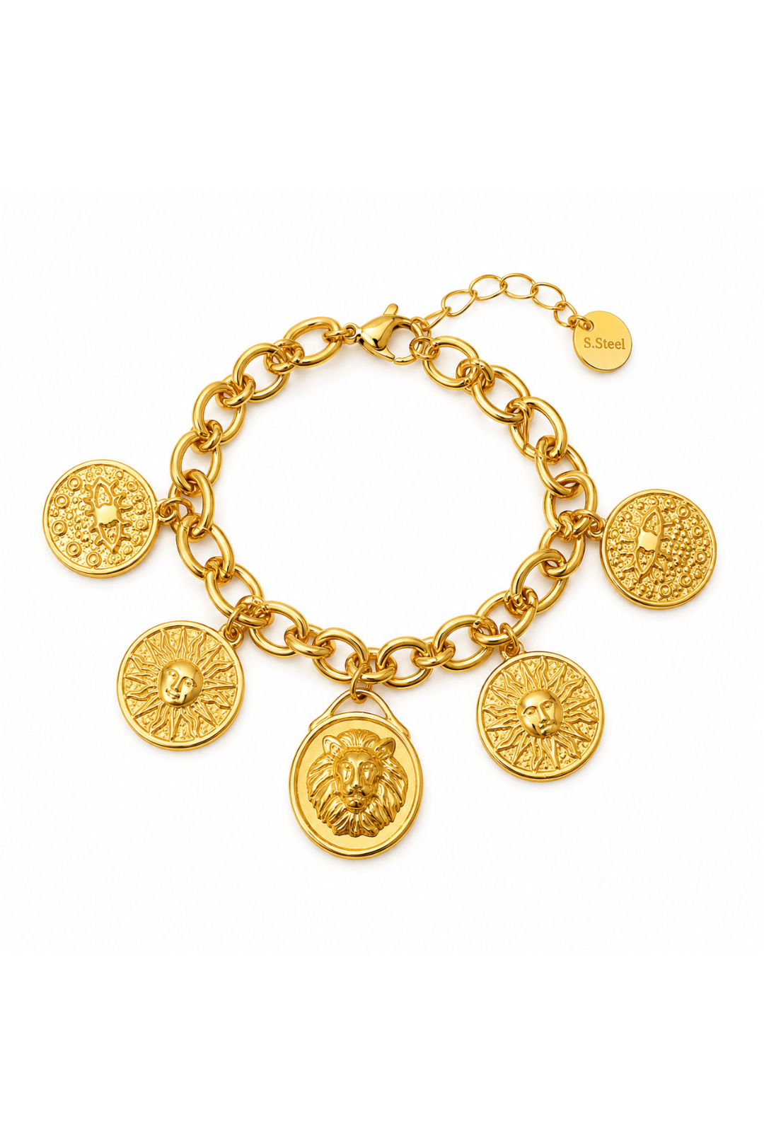Bracelet Breloques Soleil et Lion doré - Acier Inoxydable