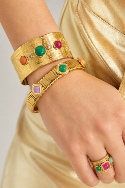 Bracelet Manchette Bohème Pierres Multicolores Doré en Acier Inoxydable