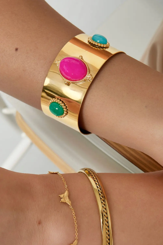 Bracelet Manchette Doré Aurore – Pierres Fuchsia, Turquoise & Vertes