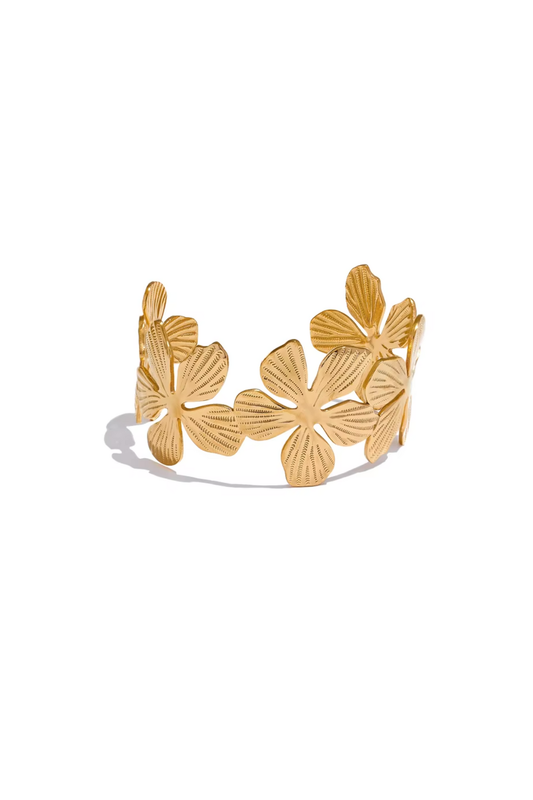 Bracelet Manchette Fleur Dorée en Acier Inoxydable