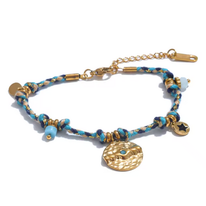 Bracelet Tressé Bleu et Or – Acier Inoxydable et Médaillon Vintage