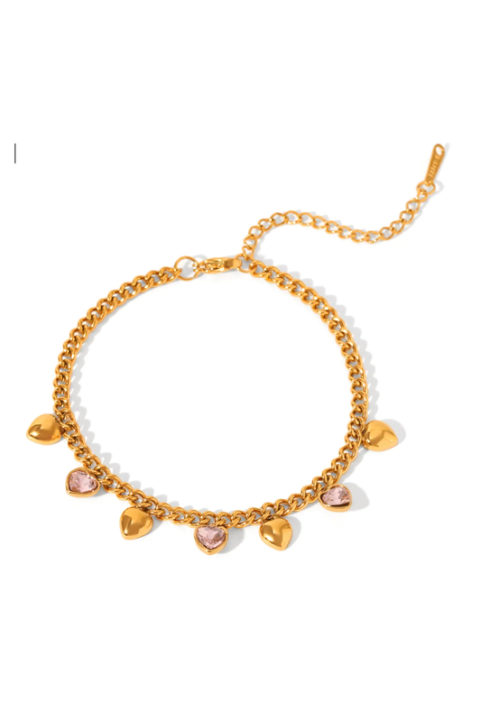 Bracelet chaîne dorée à cœurs en acier inoxydable et zircon rose