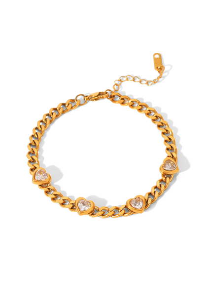 Bracelet chaîne dorée en acier inoxydable à cœurs zircon