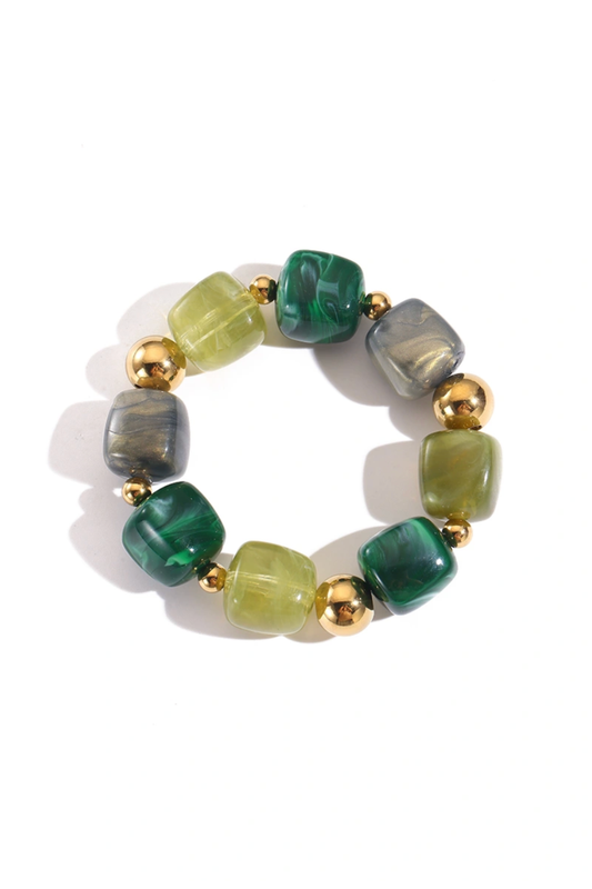 bracelet élastique perles résine verte marbrée