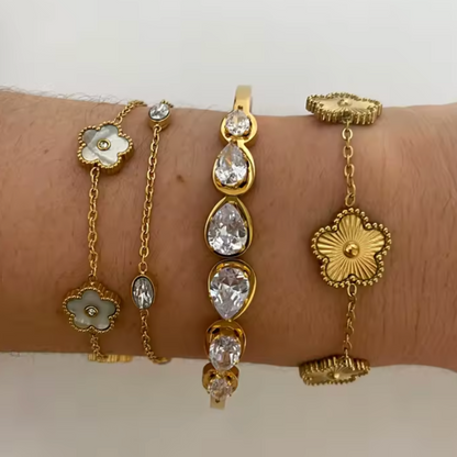 Bracelet en Acier Inoxydable avec Fleurs et Strass