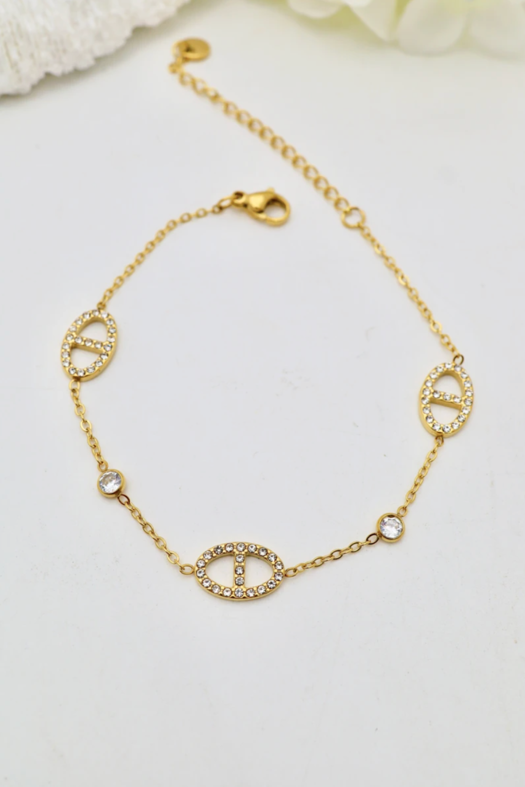 Bracelet en acier inoxydable – maillons ovales scintillants & zirconium