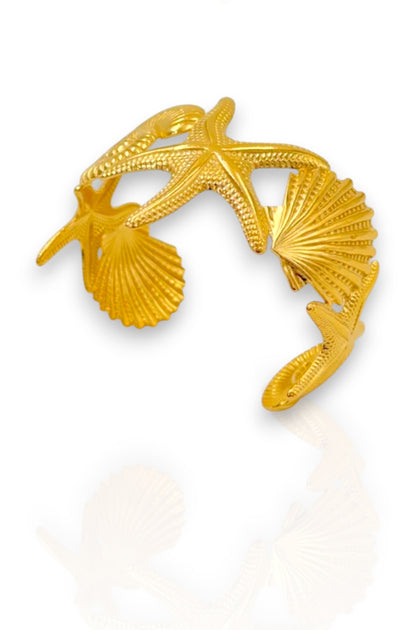 Bracelet jonc doré en acier inoxydable – Coquillages et étoile de mer, waterproof et hypoallergénique