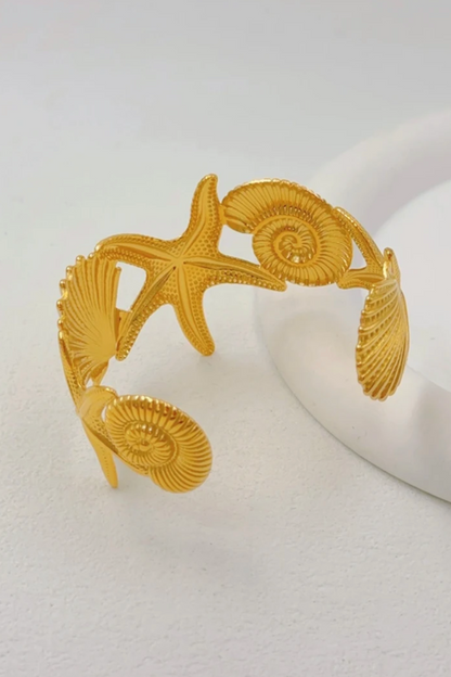 Bracelet jonc doré en acier inoxydable – Coquillages et étoile de mer, waterproof