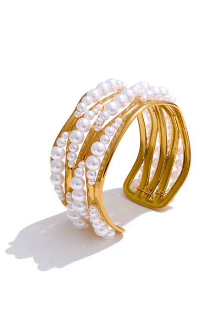 manchette large doré en acier inoxydable avec perles blanches