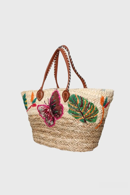 Cabas en paille brodé papillons | Sac Été Tendance 