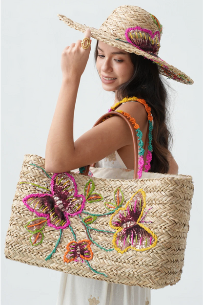 Cabas en paille brodé papillons – Sac été tendance avec sequins scintillants