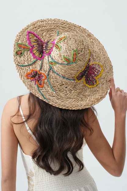 Chapeau de paille brodé papillon en sequins