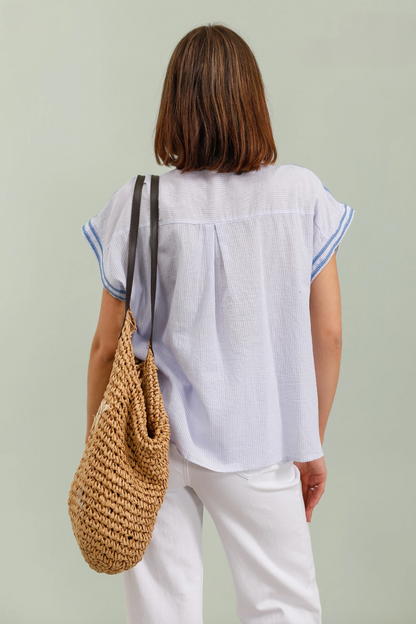 Chemise manche courte en coton brodé – Blouse bohème chic femme été