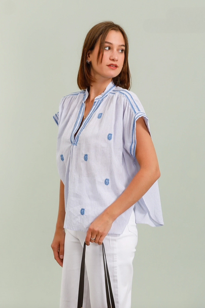 Chemise manche courte en coton brodé – Blouse bohème chic femme été