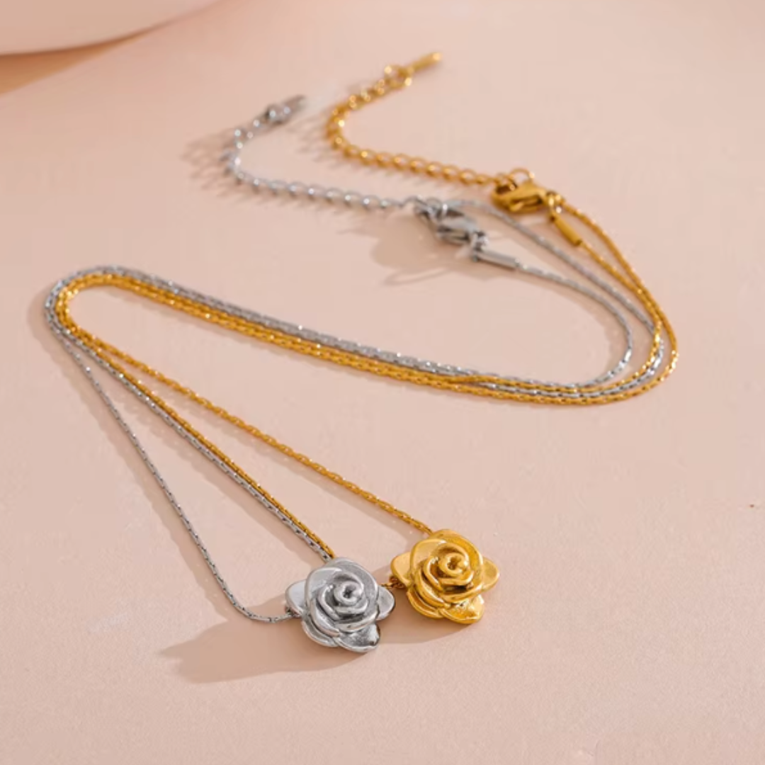 Collier Fleur Rose en Acier Inoxydable