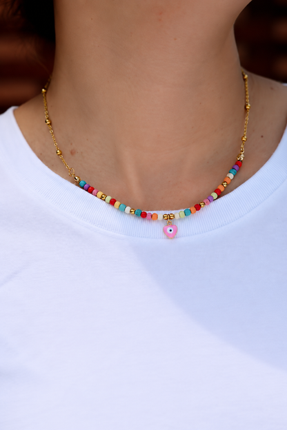 Collier Perles Pendentif Mauvais oeil Doré multicolores