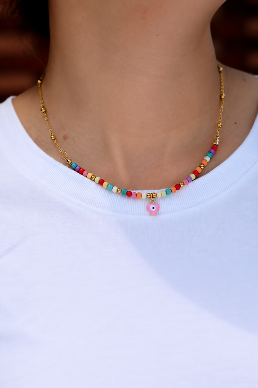 Collier Perles Pendentif Mauvais oeil Doré multicolores