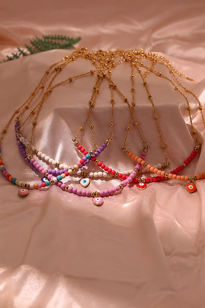 Collier Perles Pendentif Mauvais oeil Doré 