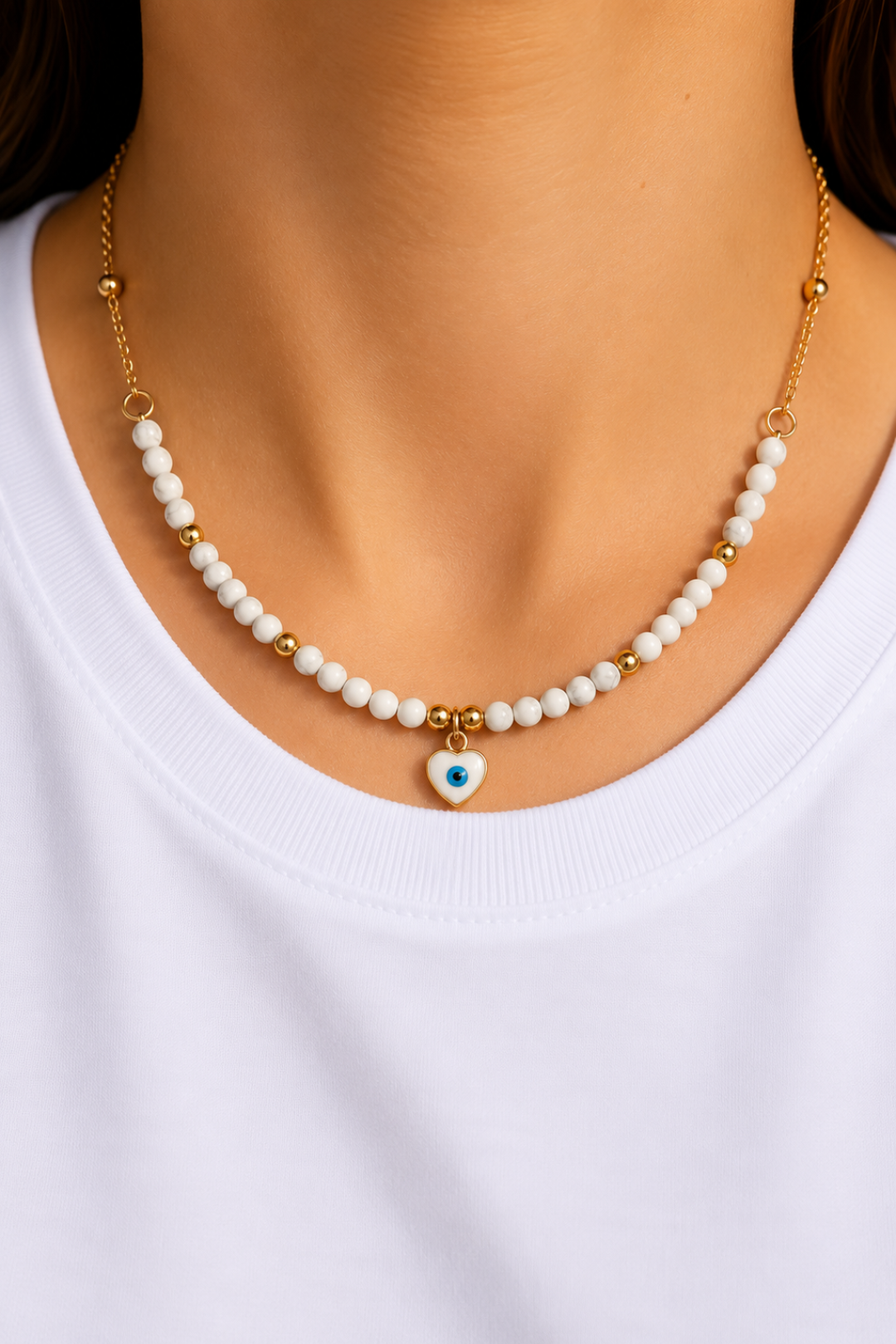 Collier Perles Pendentif Mauvais oeil Doré blanc
