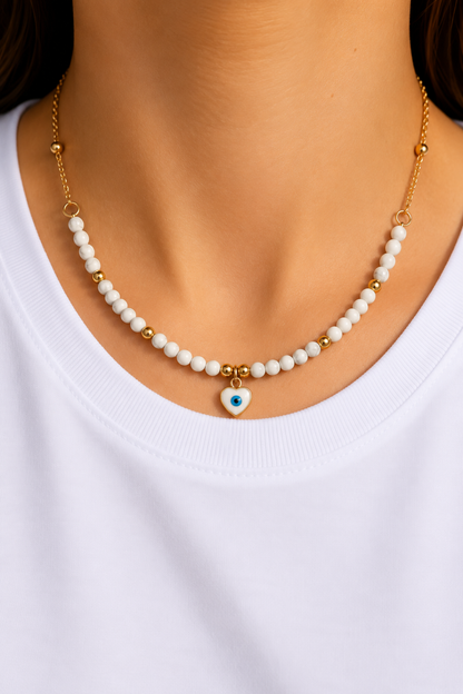 Collier Perles Pendentif Mauvais oeil Doré blanc