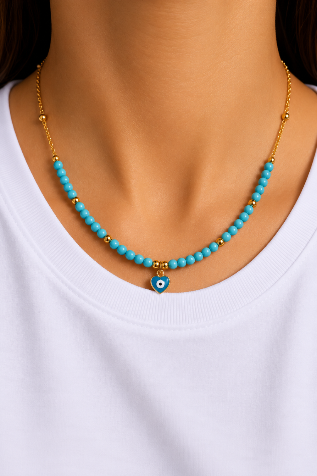 Collier Perles Pendentif Mauvais oeil Doré bleu