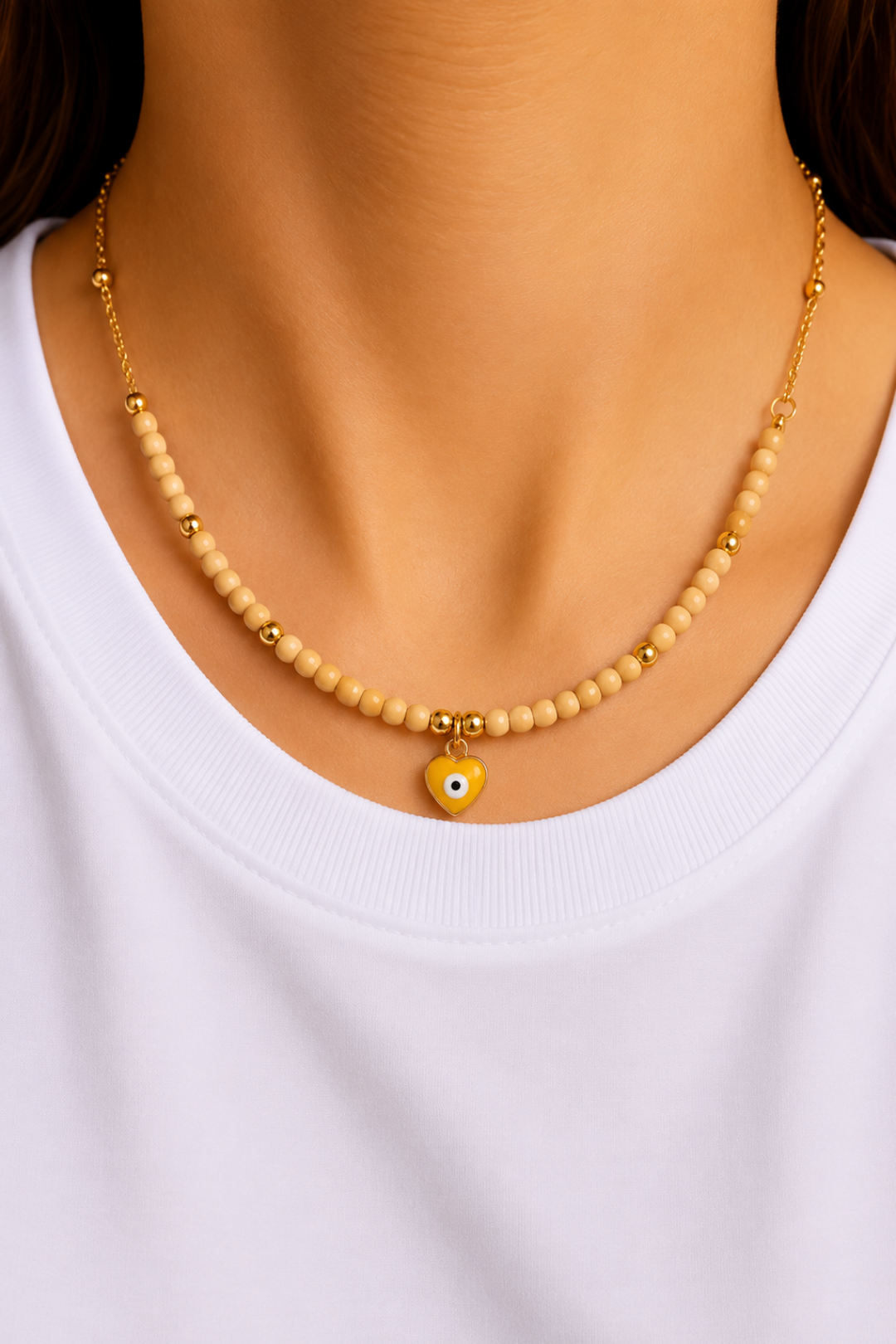 Collier Perles Pendentif Mauvais oeil Doré jaune