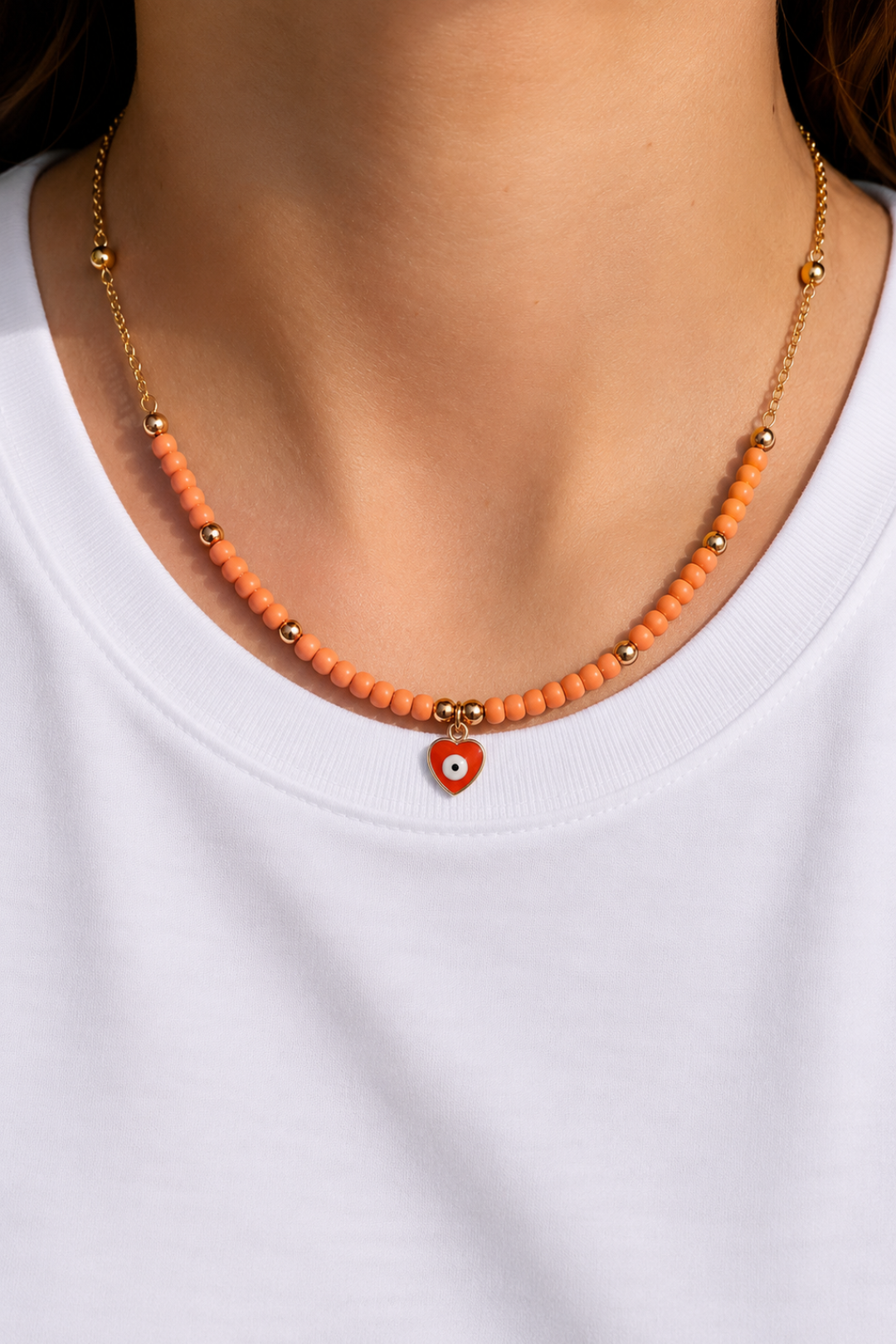 Collier Perles Pendentif Mauvais oeil Doré orange