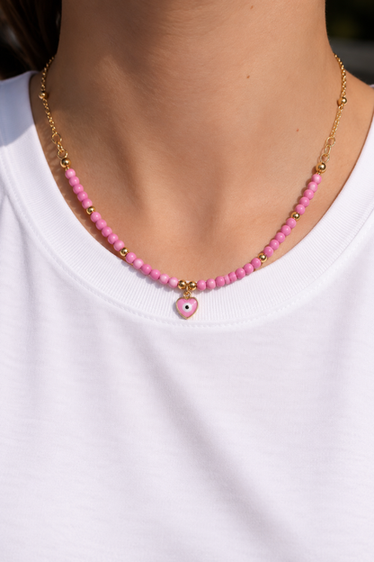 Collier Perles Pendentif Mauvais oeil Doré rose