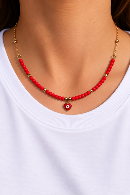Collier Perles Pendentif Mauvais oeil Doré rouge