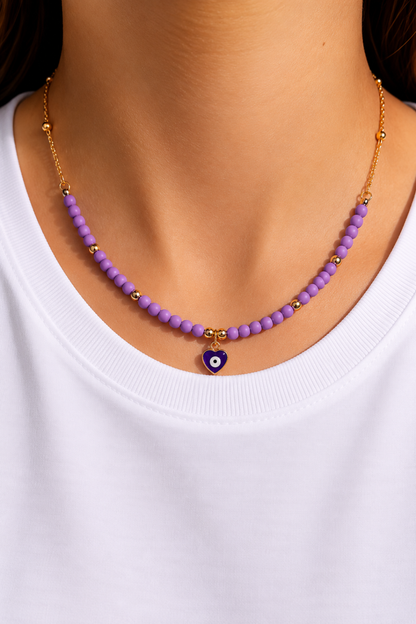 Collier Perles Pendentif Mauvais oeil Doré violet