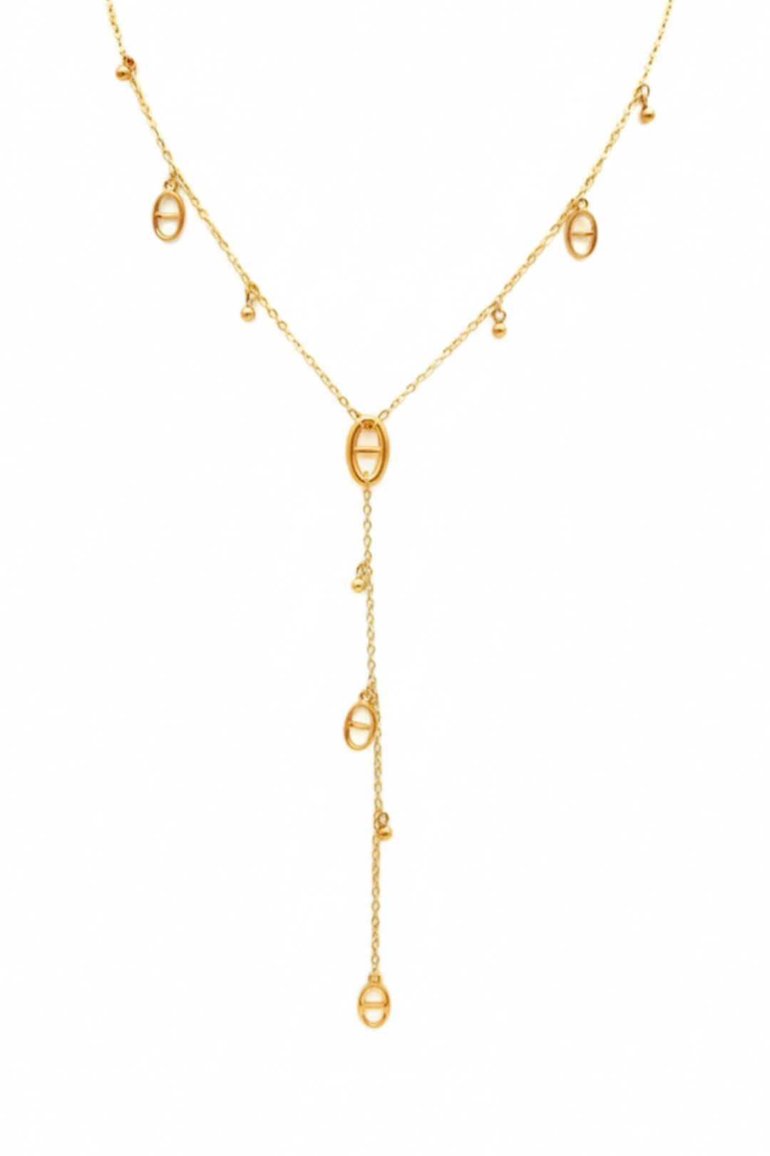 Collier Y doré en acier inoxydable « Cascade d’Ovales » – chaîne délicate & pendentifs raffinés