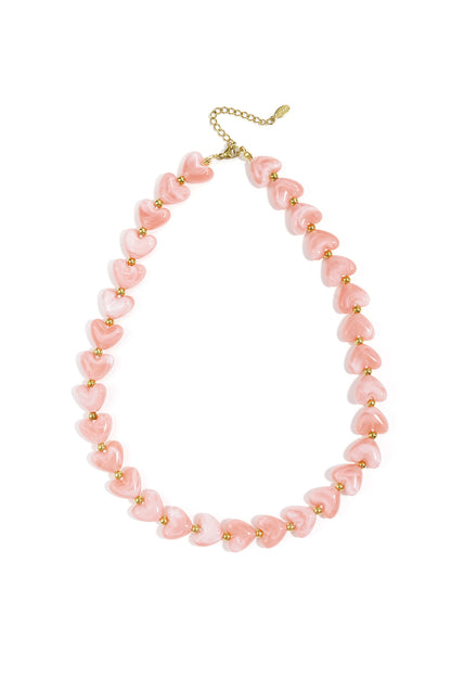 Collier coeurs en acrylique et acier inoxydable rose rouge