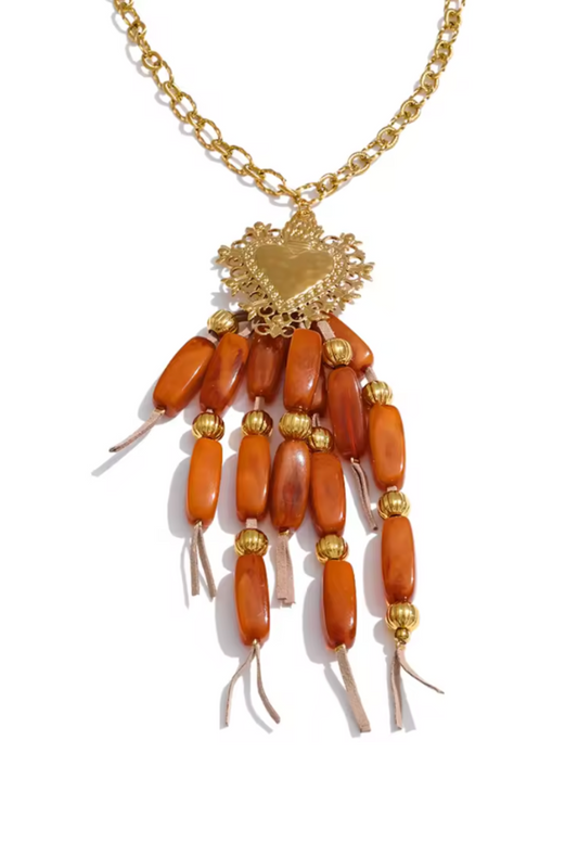 Collier pendentif cœur à franges – Bijou fantaisie femme en acier inoxydable et résine