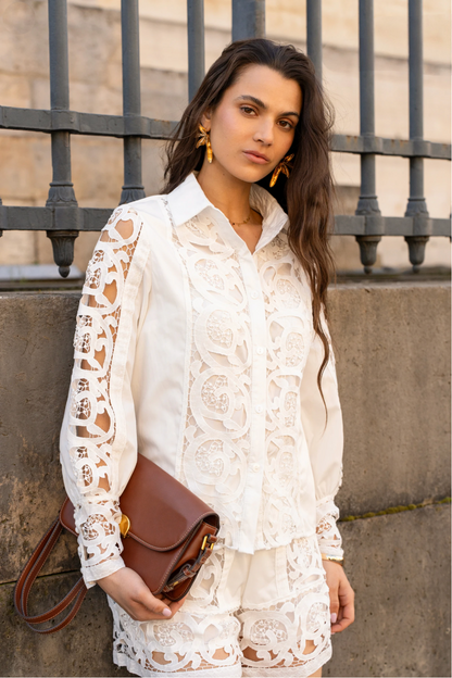Ensemble chemise et short en dentelle blanche
