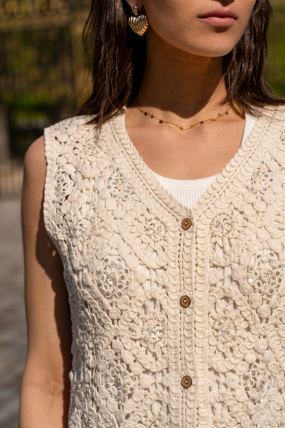Gilet sans manches en crochet à franges