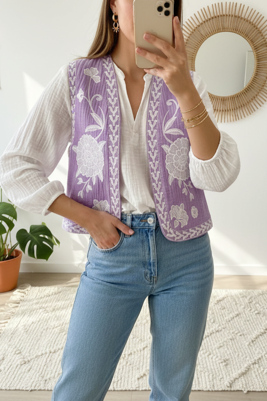 Gilet sans manches femme violet blanc